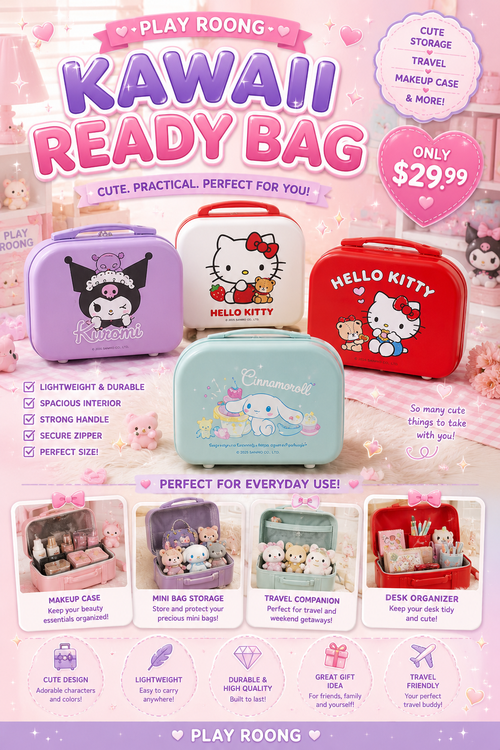 PlayRoong Kawaii Ready Bag | Cute Travel Vanity Case & Storage Organizer